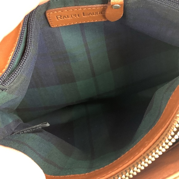 Vintage Ralph Lauren Leather Saddlers Handbag Brown Silver RL Green plaid Lined - Picture 7 of 16